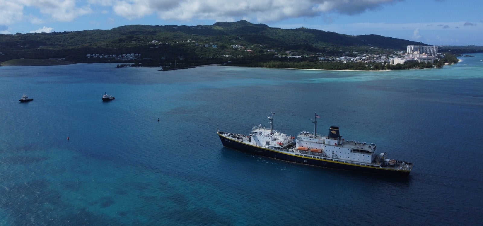 Aerial view of Training Ship Golden Bear entering Saipan.