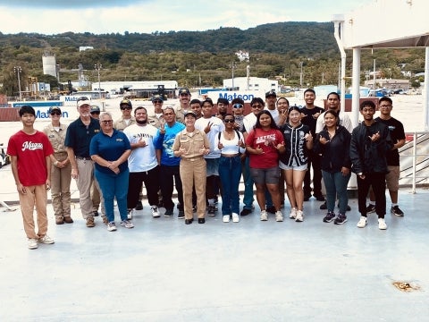 Students from Western Pacific Maritime Academy on the deck of TS Golden Bear