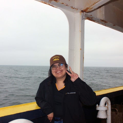 Cadet Barrozo indicating she has only been seasick this many times. Photo by Gia Espejo, assistant purser, TSGB 