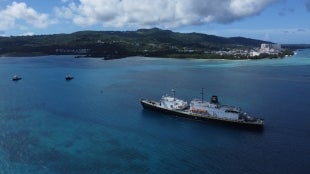 Aerial view of Training Ship Golden Bear entering Saipan.
