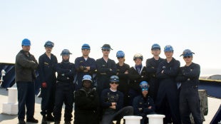 Members of Deck Company 1/D at sea. Photo by Doug Nagy, Chief Mate Training Ship Golden Bear .