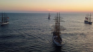 The Eagle at sea along with other tall ships in the race