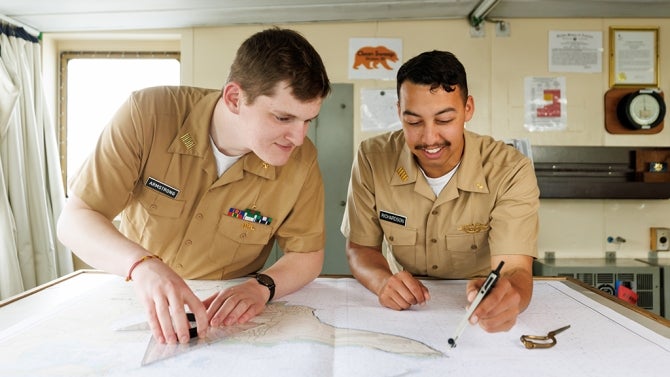 Two cadets collaborate on map