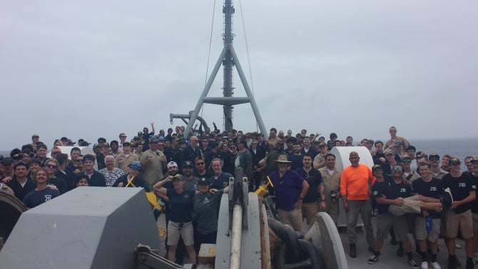 The Summer Sea Term crew on deck of the Training Ship Golden Bear.