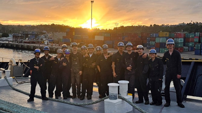The next generation of maritime professionals aboard Training Ship Golden Bear at sunset.